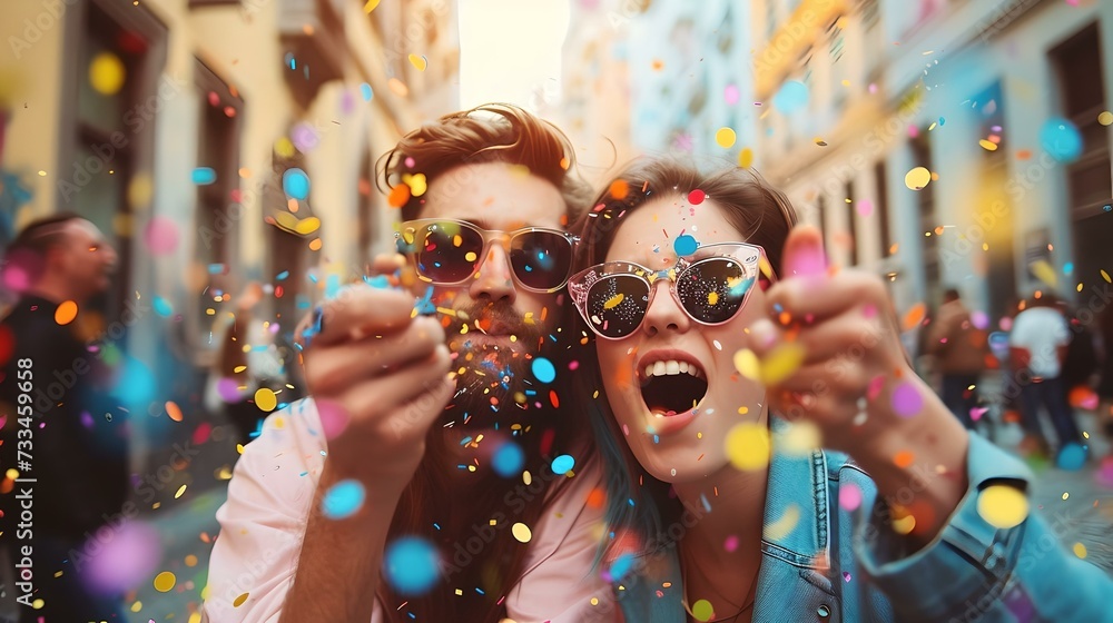 Joyful friends celebrating with colorful confetti on a sunny street Joyful friends celebrating with colorful confetti on a sunny street