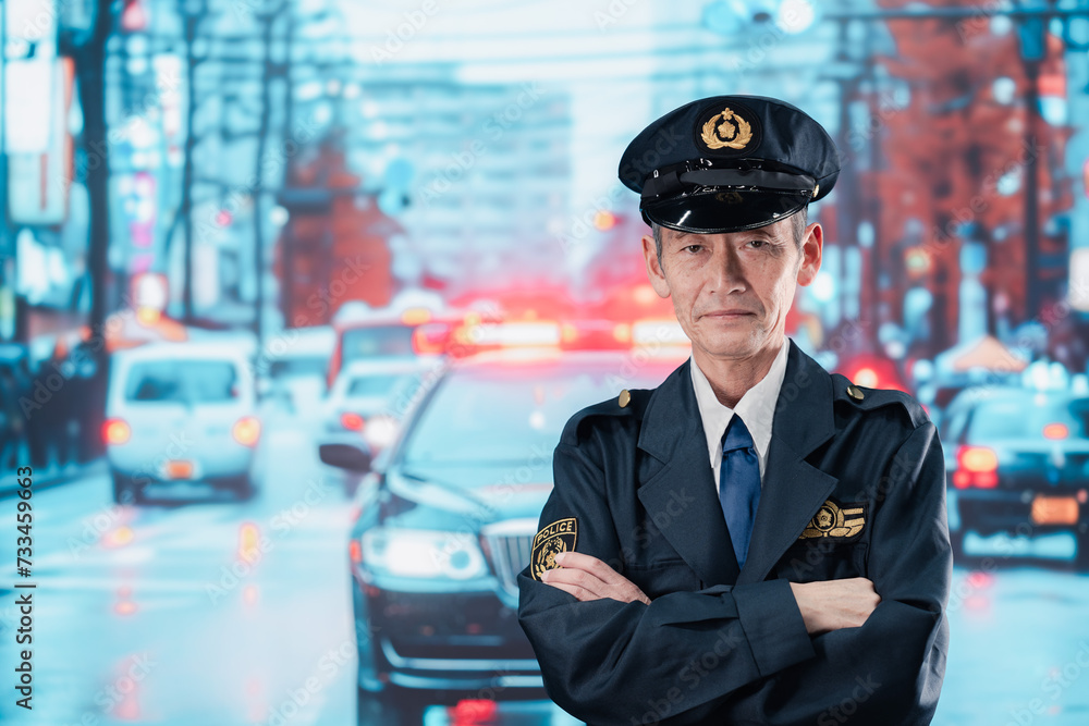 道路で警戒にあたる男性の警察官