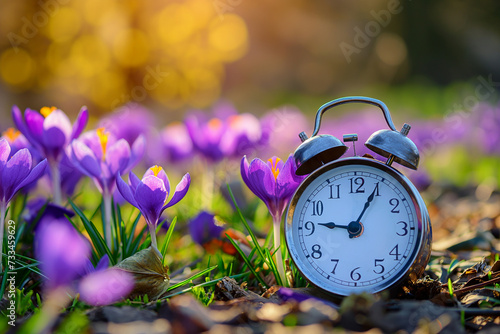 Alarm clock among blooming crocuses, spring forward concept. Spring time change, first spring flowers, daylight saving time. Daylight savings, lose an hour.