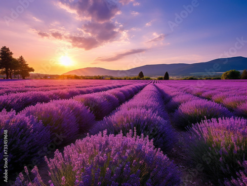 Vibrant lavender blossoms create a stunning purple landscape in a picturesque field under the sky.