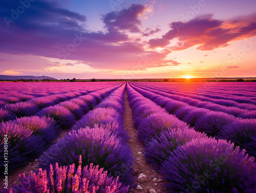Vibrant and picturesque lavender field boasts a stunning purple hue, filling the frame with serenity.