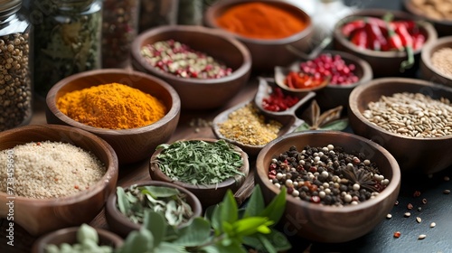 Assorted spices in wooden bowls on a dark table â€“ a culinary artist's palette