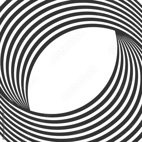 Circles optical illusion. Black and white vortex lines. Magic hole background. Striped twisty pattern with dynamic effect. Vector graphic illustration