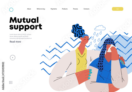 Mutual Support: Emotional aid and support -modern flat vector concept illustration of a woman comforting her friend in her sorrow A metaphor of voluntary, collaborative exchanges of resource, services
