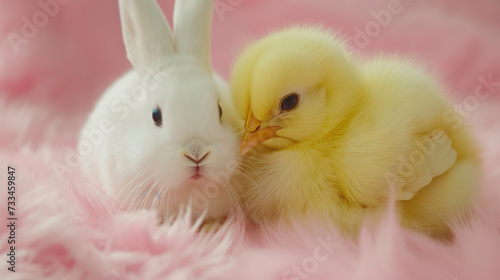 Wallpaper Mural White rabbit with his friend the chick on a pastel pink background. Easter Concept. Torontodigital.ca