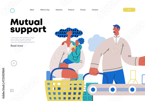 Mutual Support: Skip ahead in line -modern flat vector concept illustration of man letting woman with child go ahead in shop checkout line A metaphor of voluntary, collaborative exchanges of services