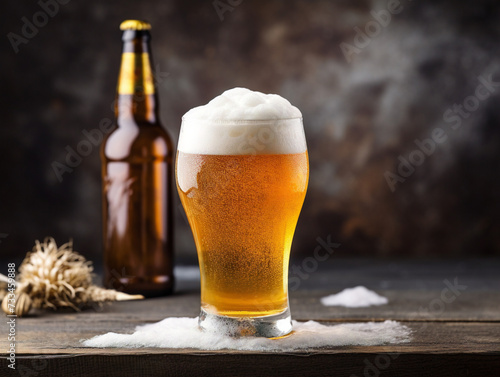 A chilled craft beer bottle is accompanied by a frosted glass, ready to be enjoyed.