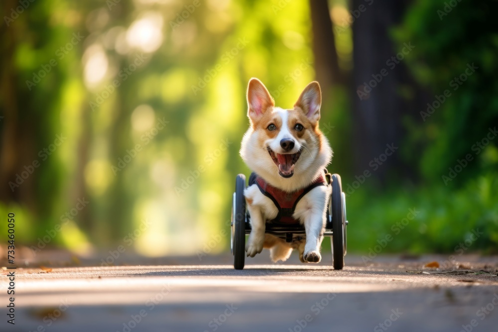 Beaming Corgi in a wheelchair on a tree-lined path. Concept of disability adaptation, pet mobility, and outdoor activities.
