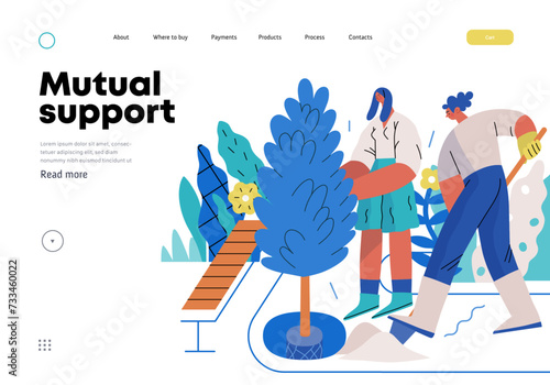 Mutual Support: Community yard improvement -modern flat vector concept illustration of people planting trees and plants A metaphor of voluntary, collaborative exchanges of resource, services