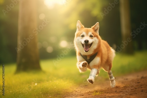 Energetic Corgi with a prosthetic legs running joyfully in the park. Concept of pet resilience, animal prosthetics, and active lifestyle for dogs. photo