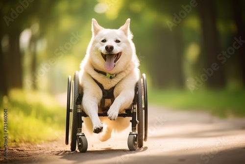 Smiling Siberian Husky in a wheelchair on a park pathway, bathed in sunlight. Concept of adaptive pet care, disabled animal support, and outdoor enjoyment.