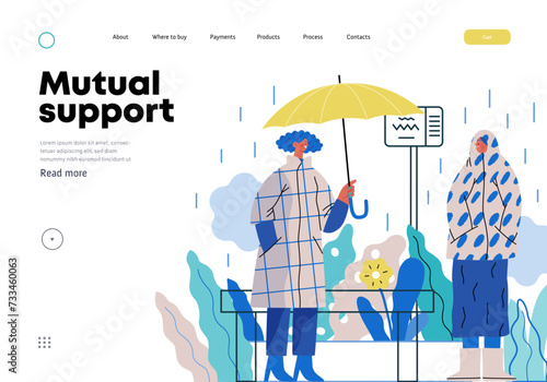 Mutual Support: Offer an umbrella to a stranger -modern flat vector concept illustration of a at a bus stop in the rain offering an umbrella A metaphor of voluntary, collaborative exchanges