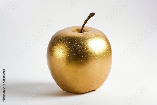 Polished gold apple made of gold on white clean backdrop, evoking exclusivity and premium quality; suitable for high-end product advertisements and editorial use.