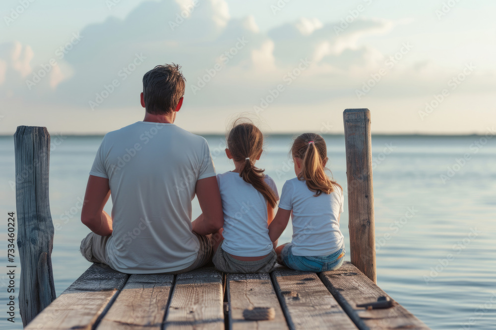 Fototapeta premium Back view of father and two children sitting together on jetty. Generative AI