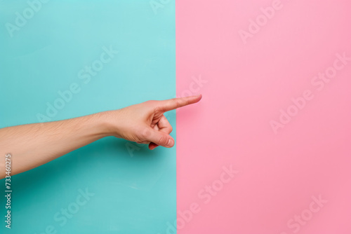 Man's finger point to empty space on colorful background. Generative AI