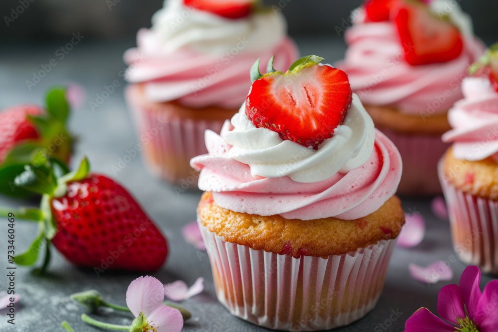 Strawberry cupcakes with cream cheese frosting. Generative AI Strawberry cupcakes with cream cheese frosting. Generative AI