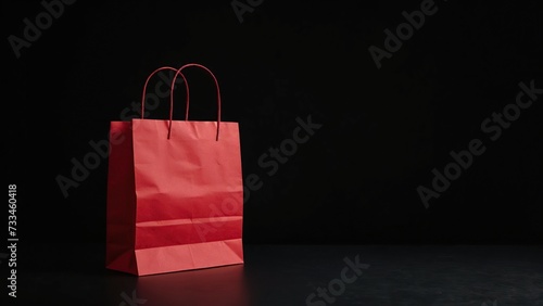 A red paper bag with two handles on a black background.