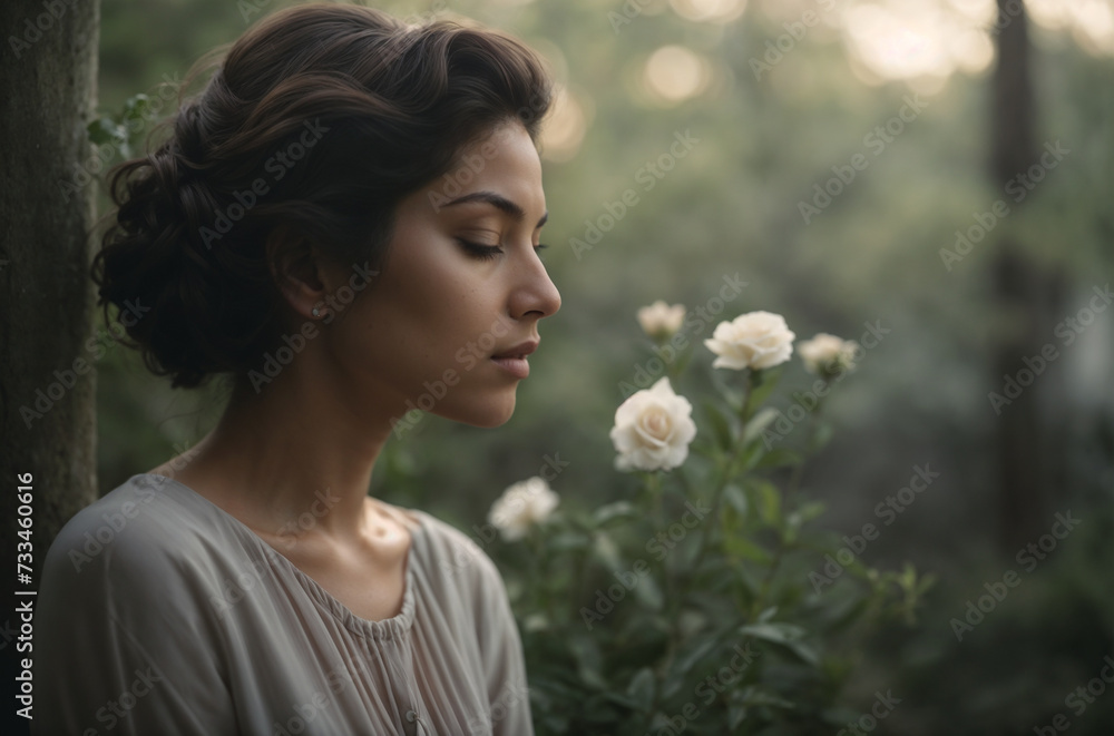 Naklejka premium Mujer reflexionando en un jardín de rosas