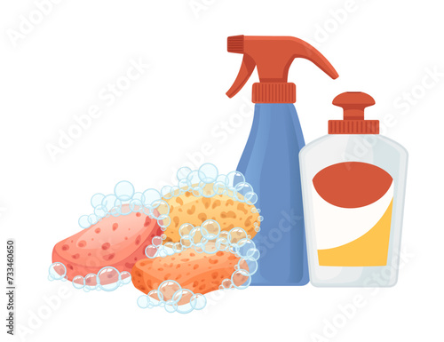 Households chemical liquid in plastic bottle with and sponge vector illustration isolated on white background © An-Maler