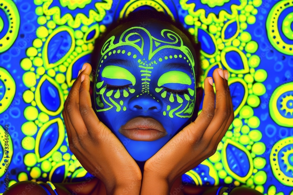 A vibrant woman adorned in blue face paint, donning a mask and colorful clothing, embodies the fusion of art and self-expression