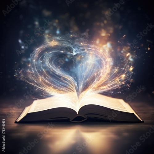 Open book with light rays coming out of the pages, fantasy concept