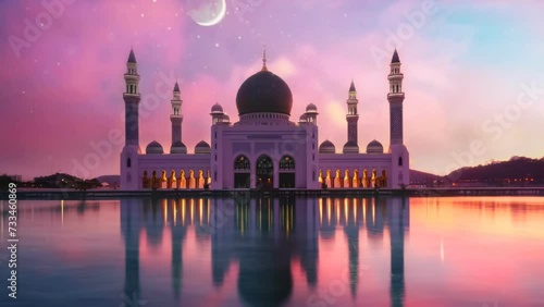 Ramadan Kareem featuring beautiful mosque, Seamless looping 4K virtual video animation photo