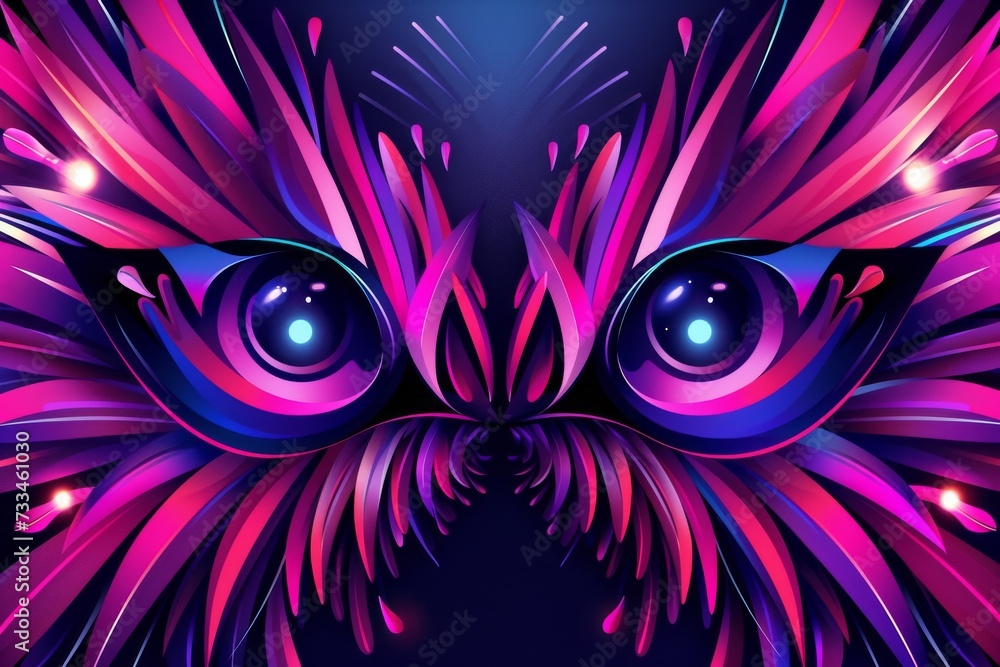 Vibrant fractal art captures the mesmerizing gaze of a purple owl, its eyes glowing with psychedelic colors and graphic patterns Vibrant fractal art captures the mesmerizing gaze of a purple owl, its eyes glowing with psychedelic colors and graphic patterns