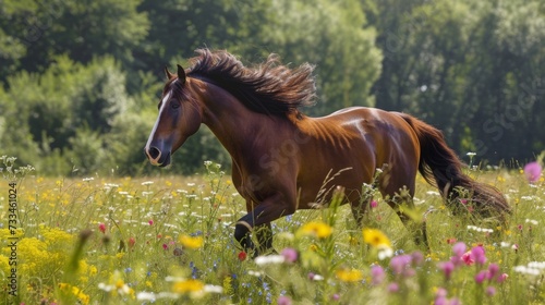 Graceful Stallion Running Through Field of Wildflowers