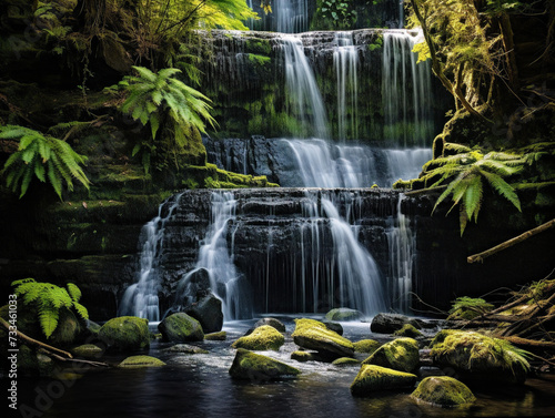A lush green waterfall flowing gracefully through a picturesque landscape  adorned with ferns and moss.