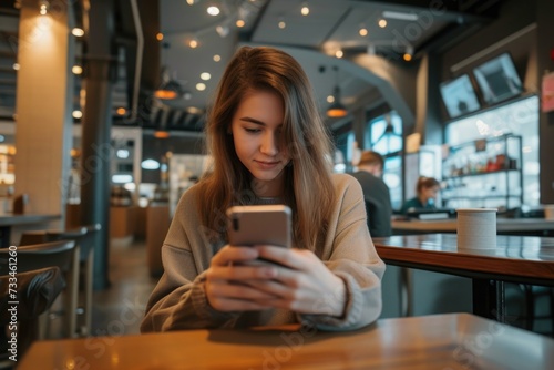 Young woman using smartphone for online shopping in a coffee shop