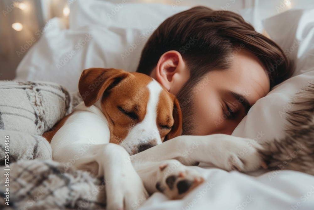 Young man and dog sleeping together in white bed at home Young man and dog sleeping together in white bed at home