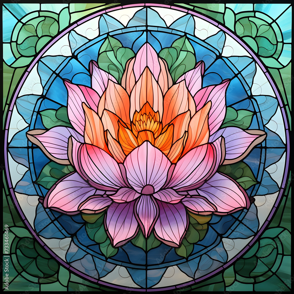 Beuatiful leaded Lotus Flower Head symmetrical stained glass art work  - Intricate leadwork depicting a multi-petaled lotus flower head ideal for a spiritual theme 
