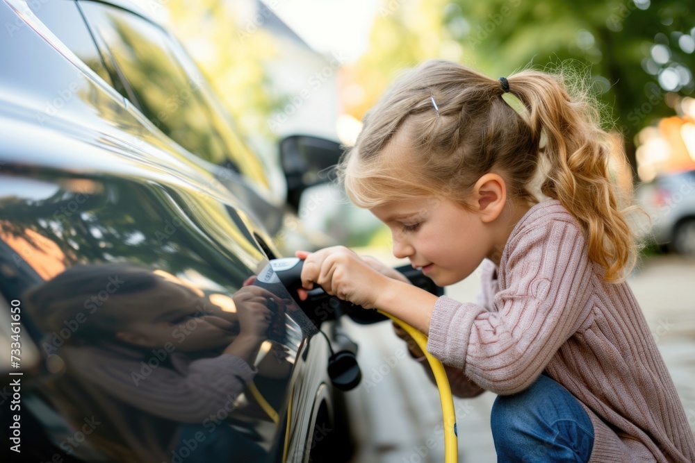 Obraz premium Charging electric car with daughters help