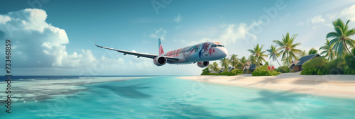 Colorful Airplane Landing on Tropical Island  Vibrant Beach Holiday  Exotic Travel Destination with Palm Trees