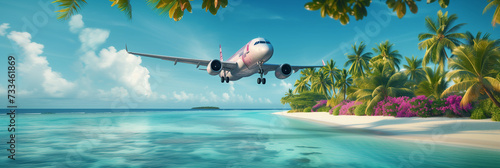 Colorful Airplane Landing on Tropical Island, Vibrant Beach Holiday, Exotic Travel Destination with Palm Trees