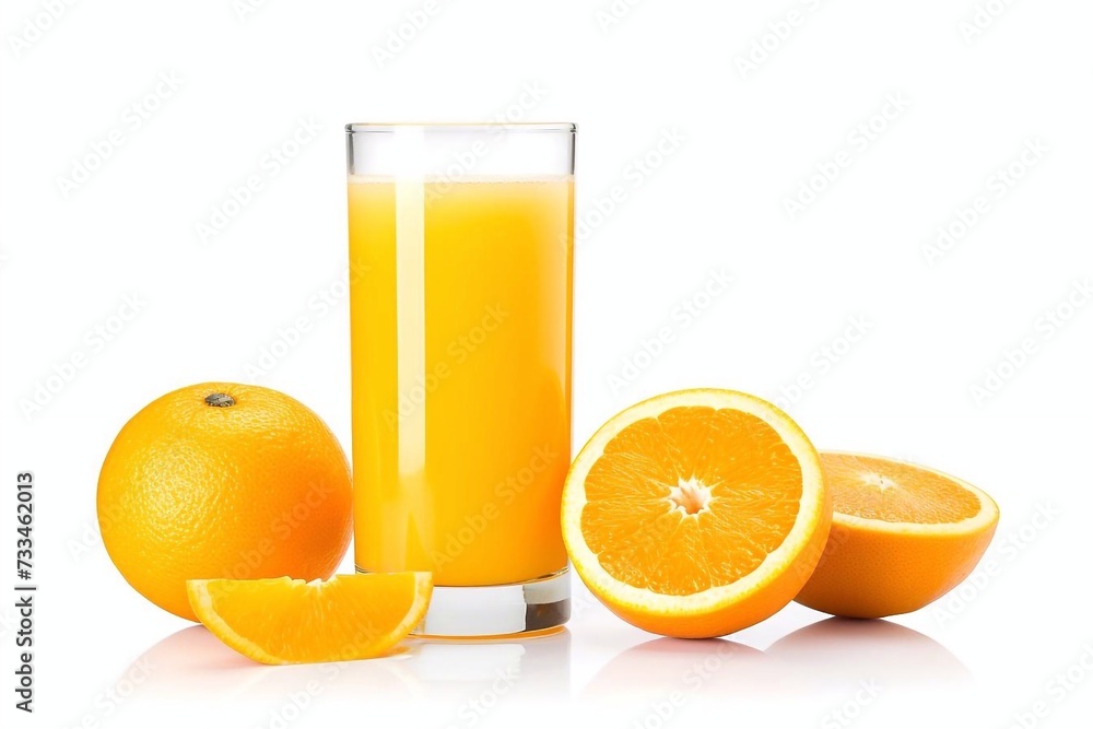 Glass of orange juice and ripe fruits isolated on a white background. Glass of orange juice and ripe fruits isolated on a white background.