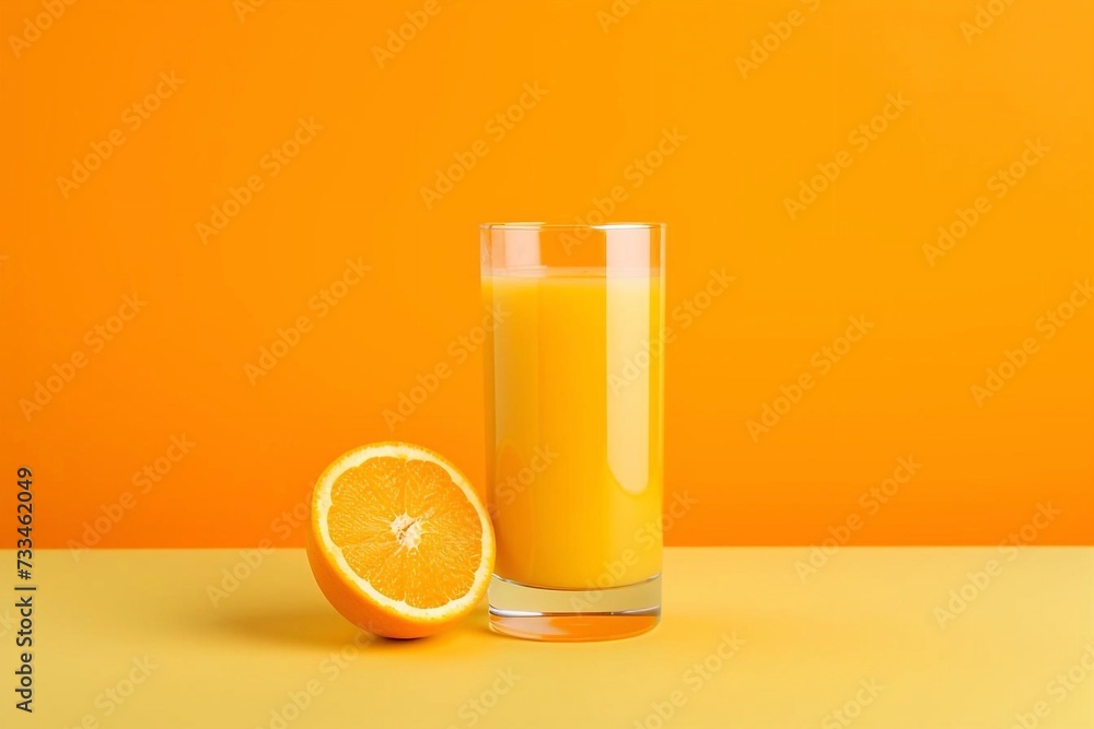 Glass of fresh orange juice and half of orange on yellow background. Glass of fresh orange juice and half of orange on yellow background.