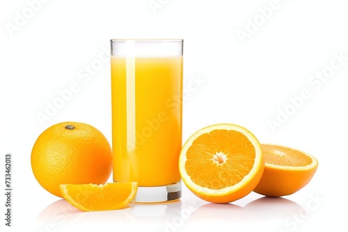 Glass of orange juice and ripe fruits isolated on a white background.