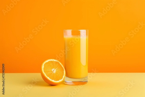 Glass of fresh orange juice and half of orange on yellow background.