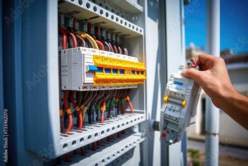 Electrician performing electrical maintenance and checking power load.