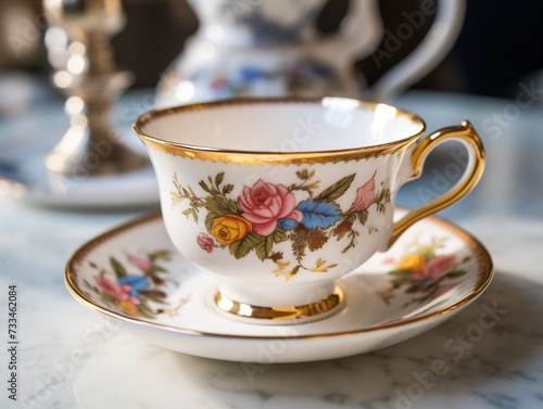 A traditional English breakfast tea served in a delicate and elegant ceramic cup.