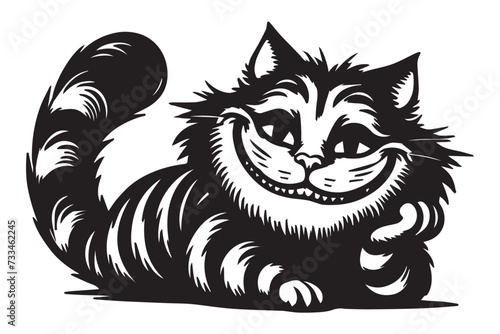 Tabby cat with a grin vector drawing, black silhouette on a transparent background, cartoon print for stencil