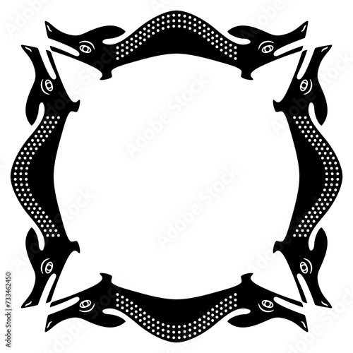 Ethnic frame with Native American motifs. A'yahos. Monster snake with two heads. Seattle's earthquake serpent spirit. Black and white silhouette.