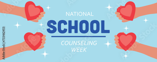 Banner for National School Counseling Week with hands holding red hearts