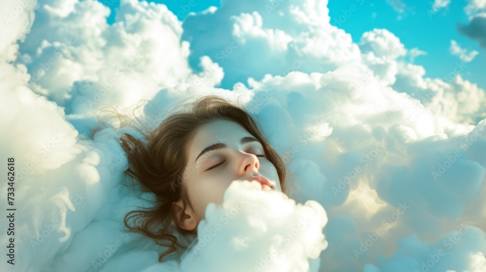 Young female sleeping on a pillow made of soft clouds. Air dreams. Soft heavenly bed