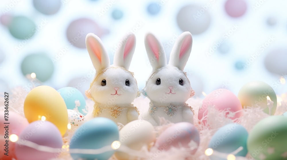 Two white rabbits sitting next to a bunch of colored eggs, AI Two white rabbits sitting next to a bunch of colored eggs, AI