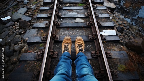 A person standing on a narrow gauge railway track with their feet in the air, AI