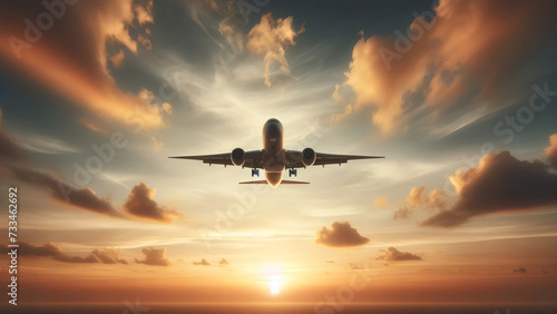Commercial Airplane Flying in Soft Sunset Light