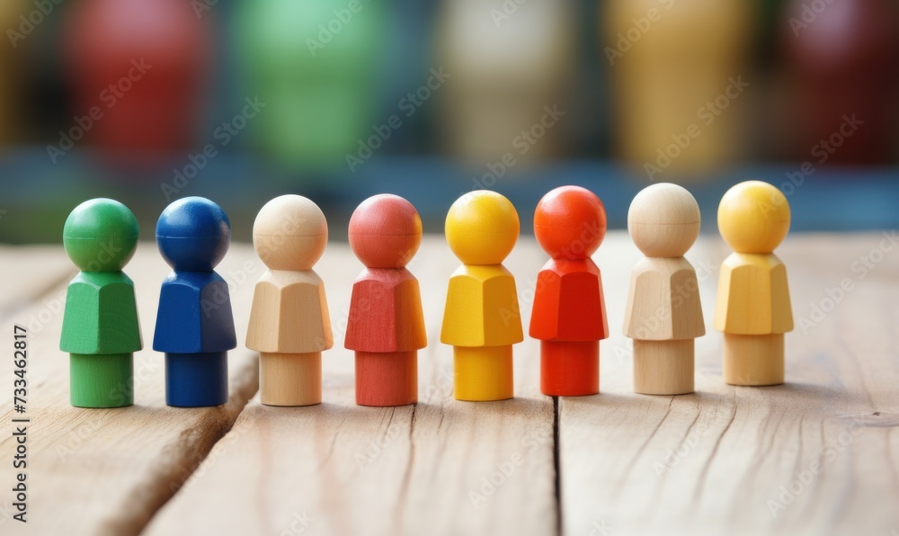 Colorful wooden characters join hands on wooden surface amidst verdant background, showcasing unity amid diversity Colorful wooden characters join hands on wooden surface amidst verdant background, showcasing unity amid diversity