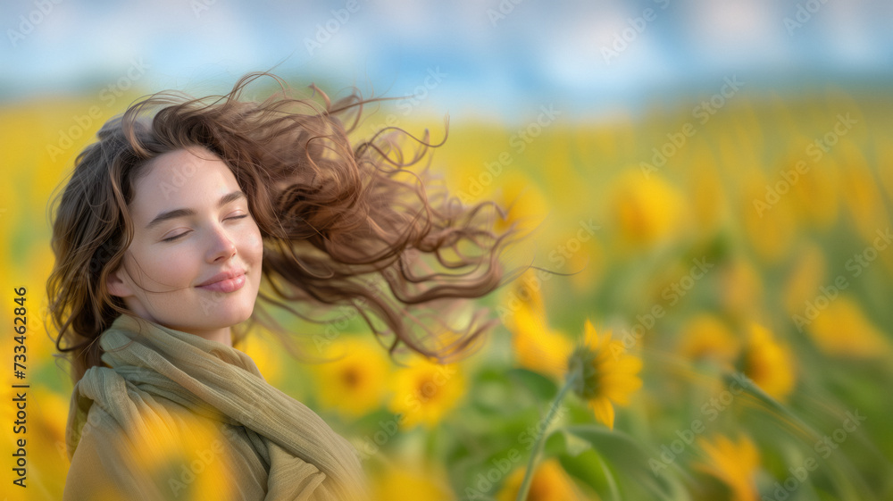 A woman with a relaxed expression and her hair waving in the wind enjoys moments of fresh air in the middle of nature in a sunflower field on a sunny day, connecting with nature.copy space A woman with a relaxed expression and her hair waving in the wind enjoys moments of fresh air in the middle of nature in a sunflower field on a sunny day, connecting with nature.copy space